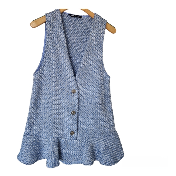 Zara Tweed Pinafore Dress Sky Blue Ruffled School Girly Preppy Academia Cottage - Picture 1 of 15